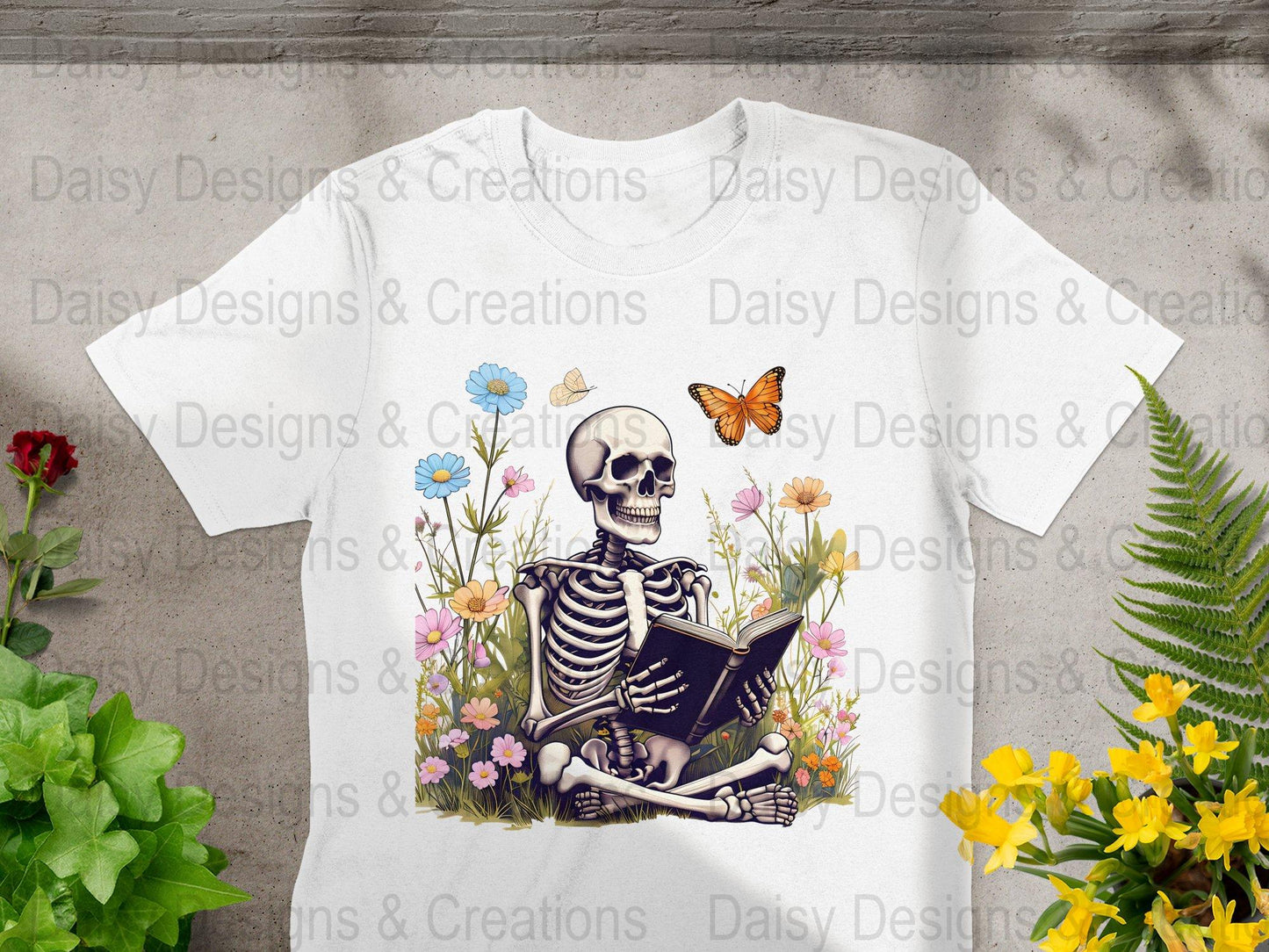 Skeleton Reading T-Shirts, Floral T-Shirts Design, Butterfly T-Shirts, Funny T-Shirts, PNG Download, Digital File For Shirts, DIY Apparel - Daisy Designs & Creations, LLC