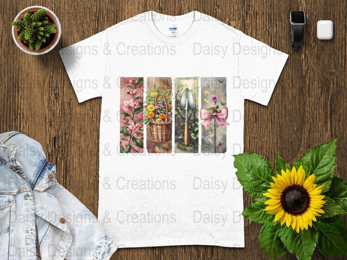 Floral Garden T-Shirts Design, Flower Basket T Shirt, Shovel Art T-Shirt, Butterfly Bow Tee, Gardening Apparel, PNG Digital Download - Daisy Designs & Creations, LLC