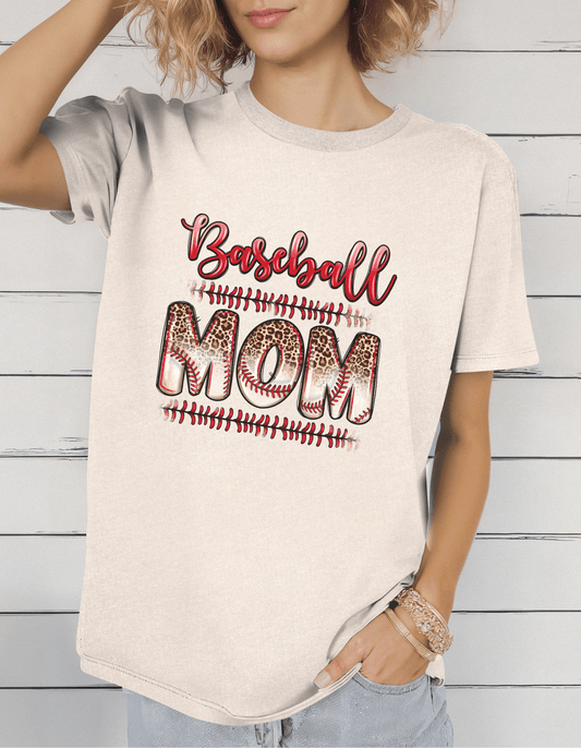 Baseball Mom T-Shirt | Leopard Baseball Stitching | Game Day Shirt | Sports Mom Tee | Soft Cotton Tee - Daisy Designs & Creations, LLC