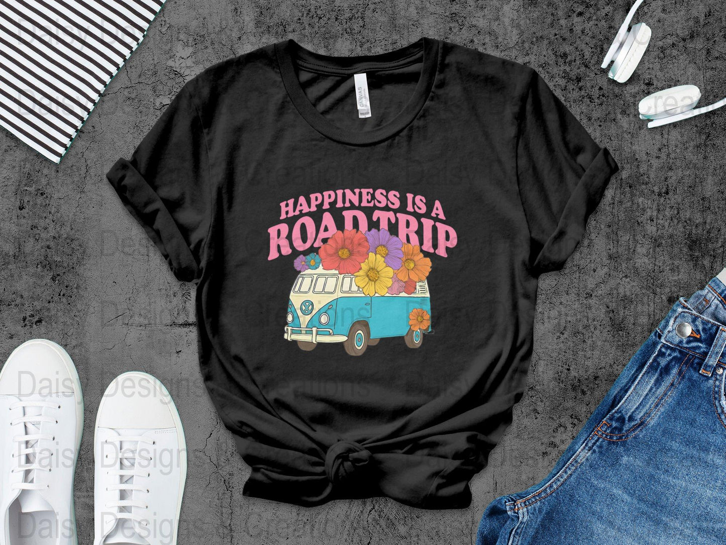 Road Trip T-Shirts, Happiness is a Road Trip Design, VW Bus, Floral Van, Colorful T-Shirts, Summer Trip, Vacation Mode - Daisy Designs & Creations, LLC