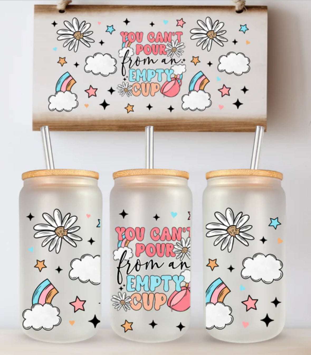 16 oz Can Glass with Retro Groovy Design | "You Can't Pour from an Empty Cup" - Daisy Designs & Creations, LLC