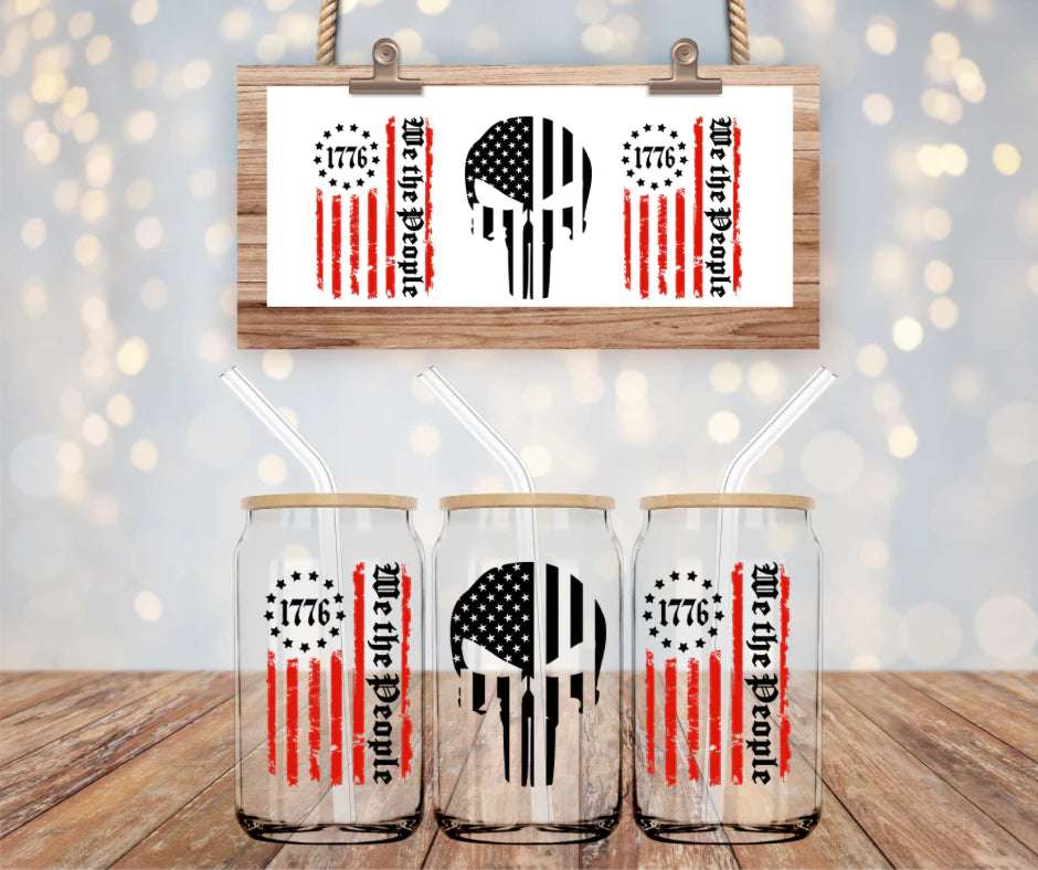 16oz We The People Can Glass – Punisher Skull & American Flag Patriotic Glass | Libbey Style Beer Glass - Daisy Designs & Creations, LLC
