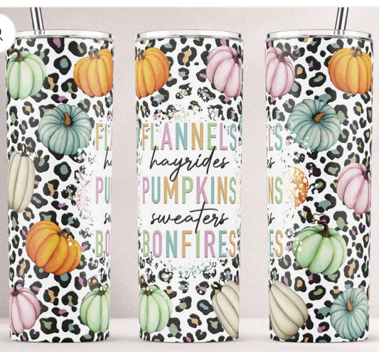 20 oz Tumbler - Flannels, Hayrides, Pumpkins, Sweaters, and Bonfires. - Daisy Designs & Creations, LLC