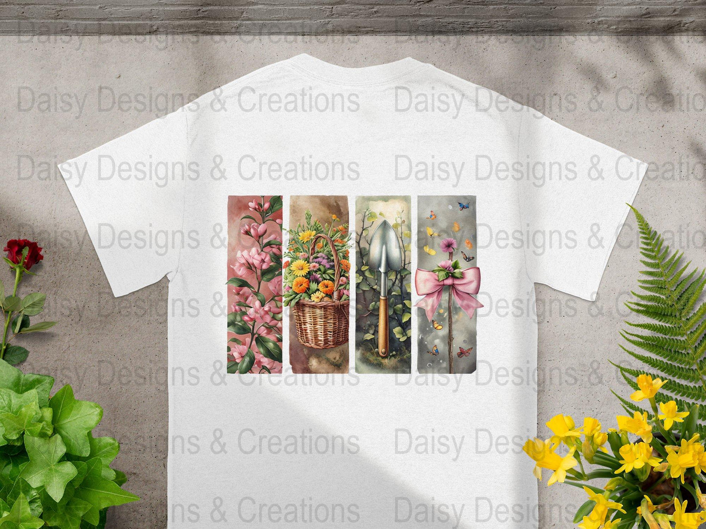 Floral Garden T-Shirts Design, Flower Basket T Shirt, Shovel Art T-Shirt, Butterfly Bow Tee, Gardening Apparel, PNG Digital Download - Daisy Designs & Creations, LLC