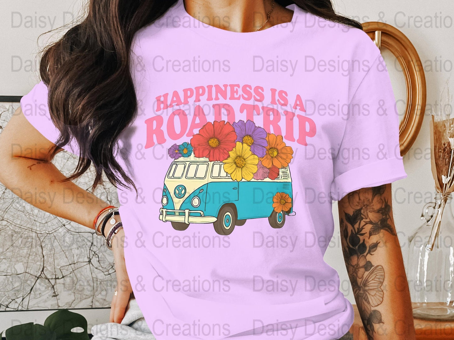 Road Trip T-Shirts, Happiness is a Road Trip Design, VW Bus, Floral Van, Colorful T-Shirts, Summer Trip, Vacation Mode - Daisy Designs & Creations, LLC