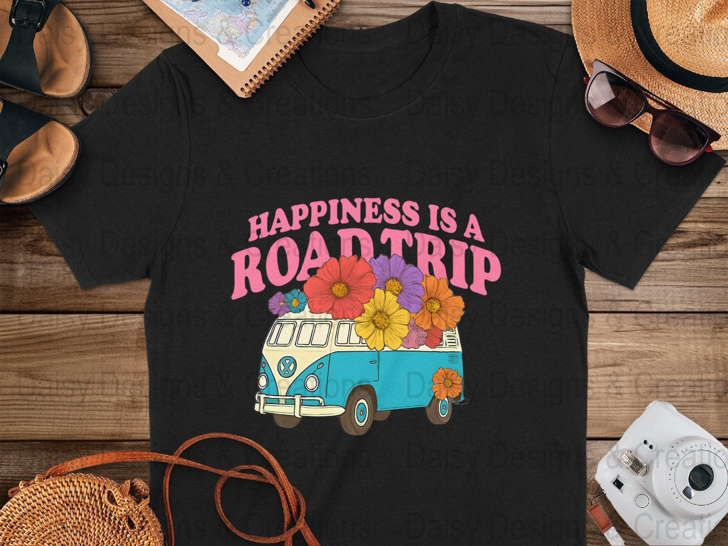 Road Trip T-Shirts, Happiness is a Road Trip Design, VW Bus, Floral Van, Colorful T-Shirts, Summer Trip, Vacation Mode - Daisy Designs & Creations, LLC