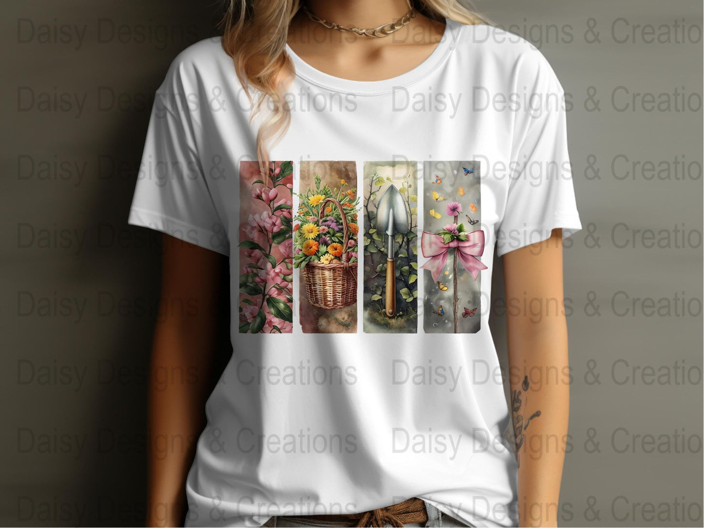 Floral Garden T-Shirts Design, Flower Basket T Shirt, Shovel Art TShirt, Butterfly Bow Tee, Gardening Apparel, PNG Digital Download - Daisy Designs & Creations, LLC