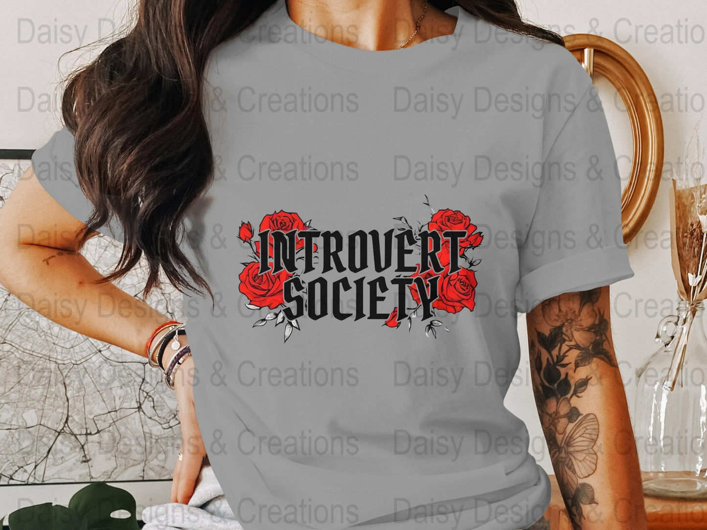 Introvert Society T-Shirts, Floral Tee, Introvert Gift, Red Roses Design, Funny Sarcastic Tee, Social Anxiety T-Shirts, Slogan Tee - Daisy Designs & Creations, LLC