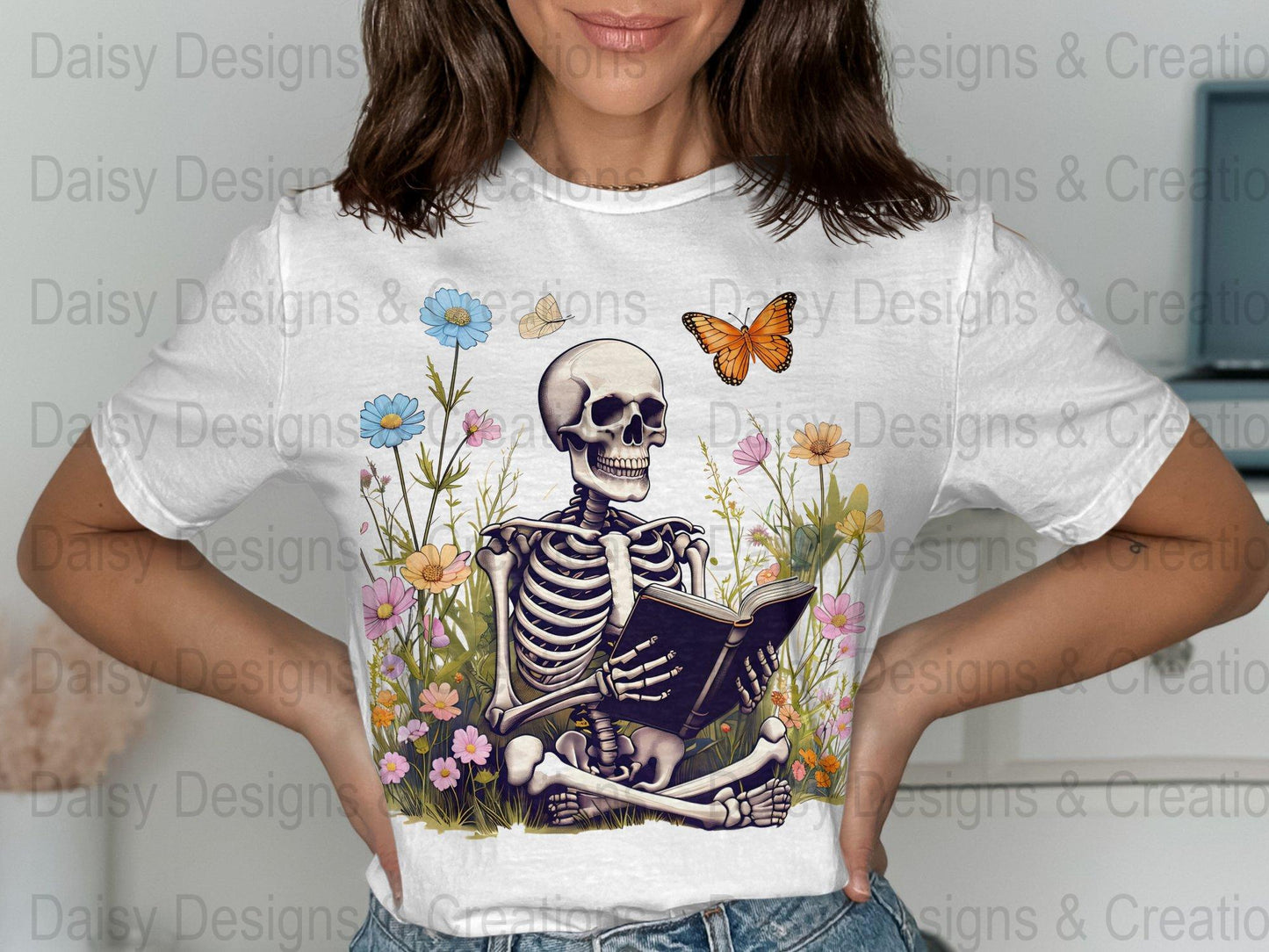 Skeleton Reading T-Shirts, Floral T-Shirts Design, Butterfly T-Shirts, Funny T-Shirts, PNG Download, Digital File For Shirts, DIY Apparel - Daisy Designs & Creations, LLC