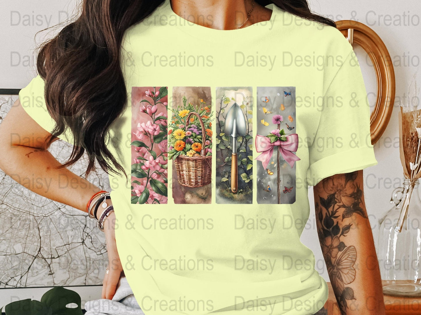 Floral Garden T-Shirts Design, Flower Basket T Shirt, Shovel Art T-Shirt, Butterfly Bow Tee, Gardening Apparel, PNG Digital Download - Daisy Designs & Creations, LLC