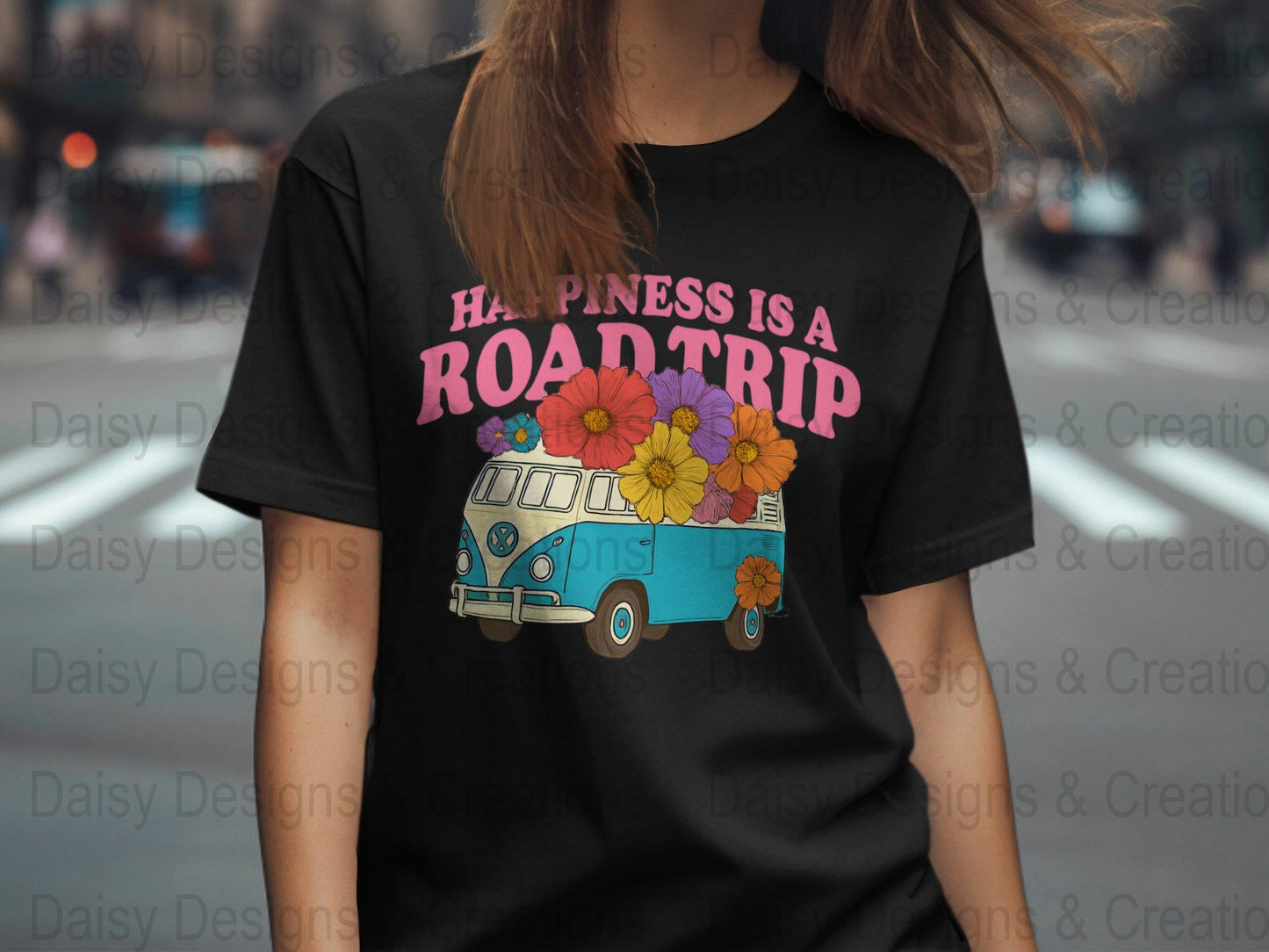 Road Trip T-Shirts, Happiness is a Road Trip Design, VW Bus, Floral Van, Colorful T-Shirts, Summer Trip, Vacation Mode - Daisy Designs & Creations, LLC