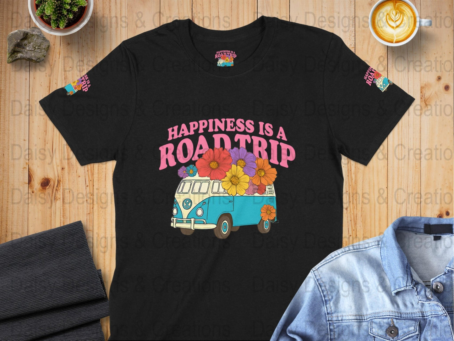 Road Trip T-Shirts, Happiness is a Road Trip Design, VW Bus, Floral Van, Colorful T-Shirts, Summer Trip, Vacation Mode - Daisy Designs & Creations, LLC