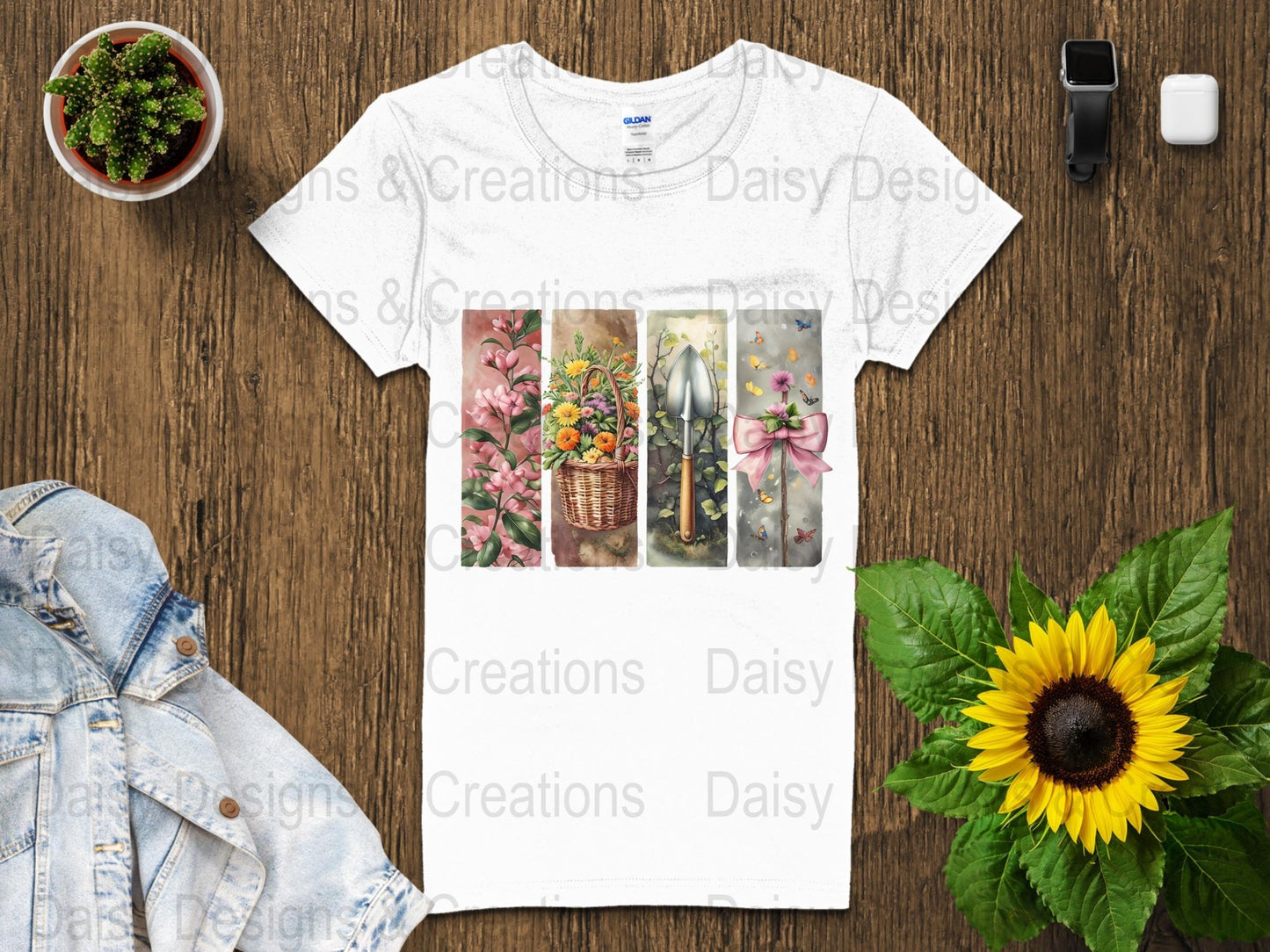 Floral Garden T-Shirts Design, Flower Basket T Shirt, Shovel Art T-Shirt, Butterfly Bow Tee, Gardening Apparel, PNG Digital Download - Daisy Designs & Creations, LLC