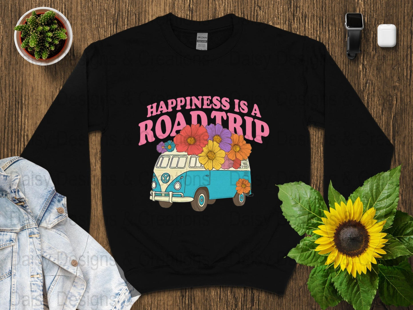 Road Trip T-Shirts, Happiness is a Road Trip Design, VW Bus, Floral Van, Colorful T-Shirts, Summer Trip, Vacation Mode - Daisy Designs & Creations, LLC