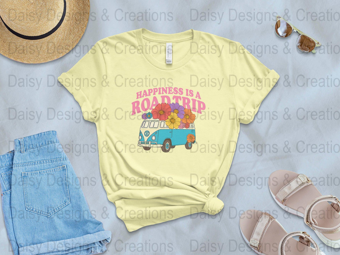 Road Trip T-Shirts, Happiness is a Road Trip Design, VW Bus, Floral Van, Colorful T-Shirts, Summer Trip, Vacation Mode - Daisy Designs & Creations, LLC