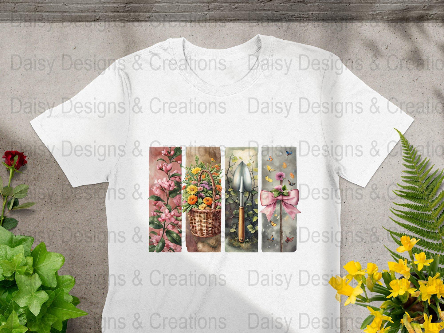 Floral Garden T-Shirts Design, Flower Basket T Shirt, Shovel Art T-Shirt, Butterfly Bow Tee, Gardening Apparel, PNG Digital Download - Daisy Designs & Creations, LLC