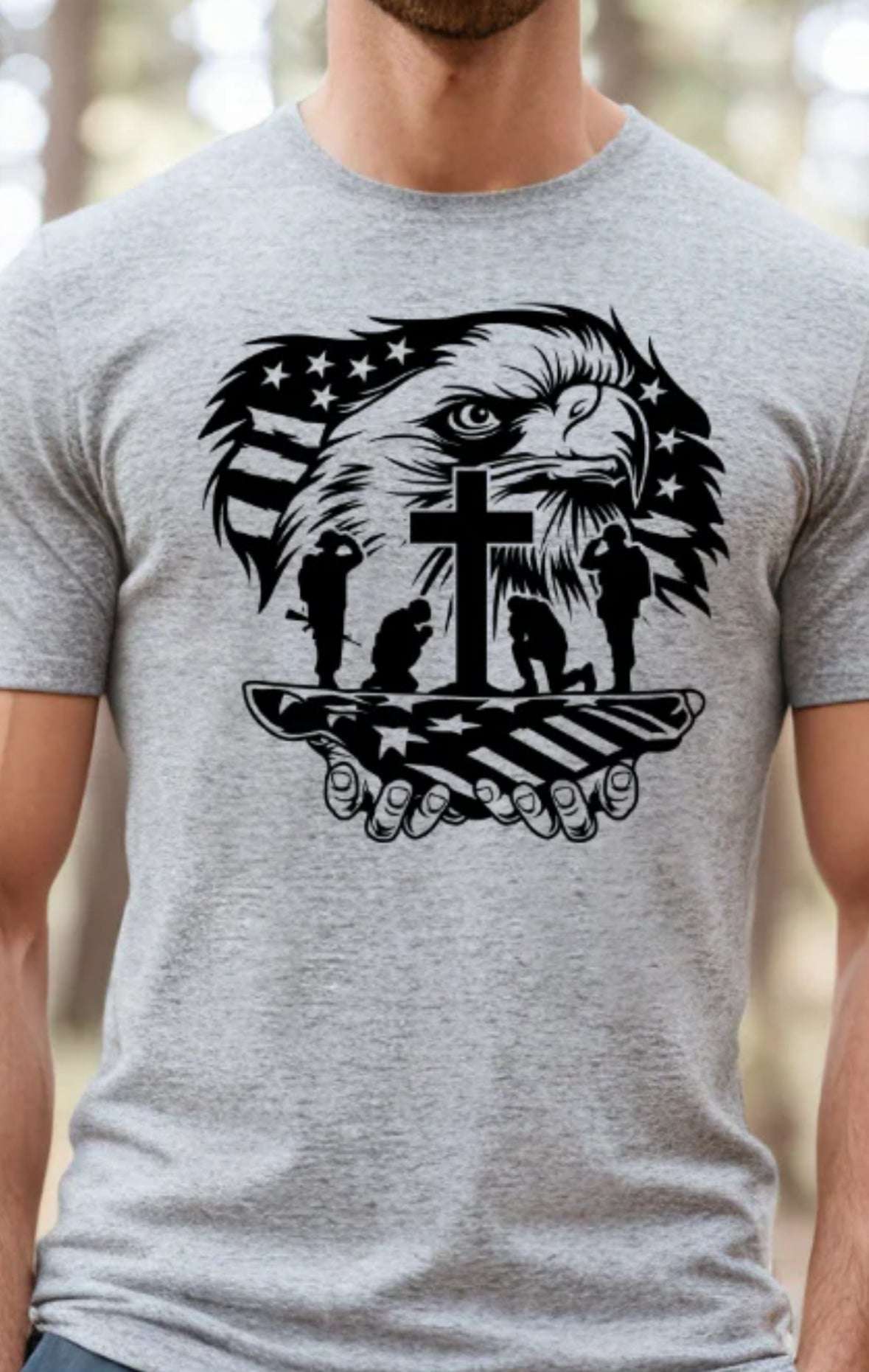American Freedom Tribute T-Shirt – Bald Eagle & Flag Design | Patriotic Military Shirt | Unisex Grey Tee | Sizes S - 3XL - Daisy Designs & Creations, LLC