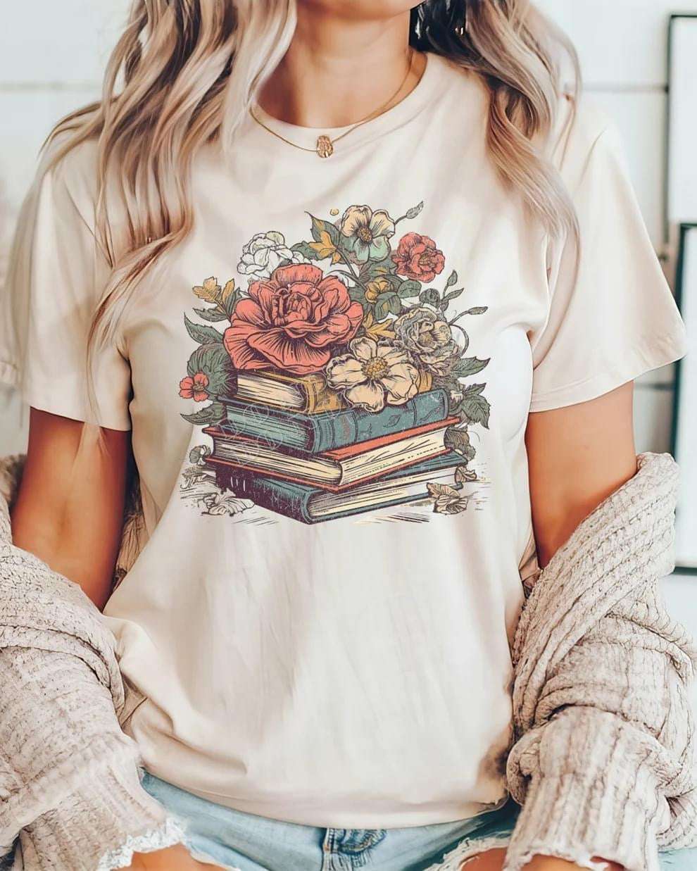 Vintage Floral Stacked Books Tee – Literary Charm & Comfort - Daisy Designs & Creations, LLC