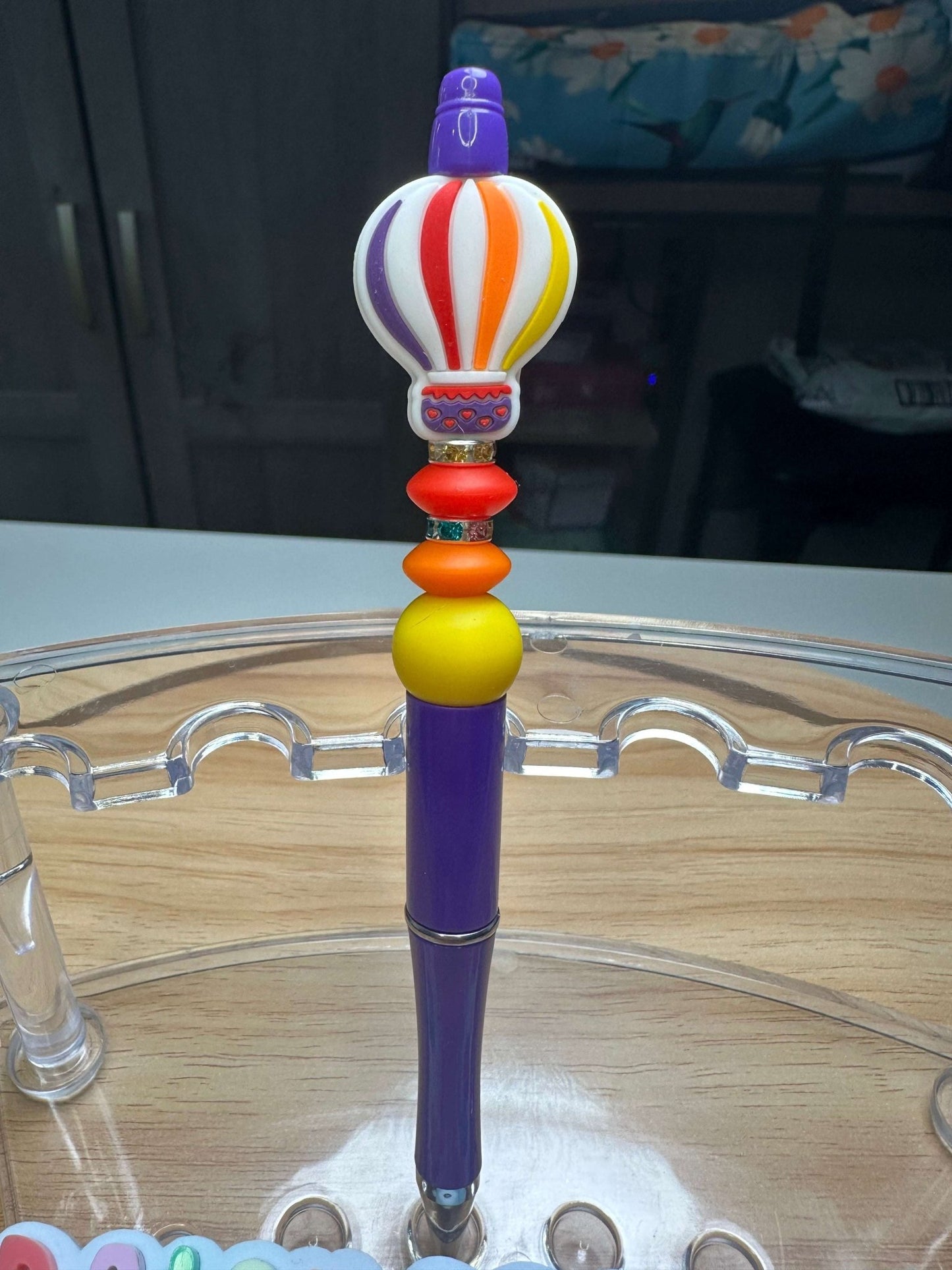 Custom Acrylic Beaded Pen with Hot Air Balloon Focal & Rhinestone Bling - Daisy Designs & Creations, LLC