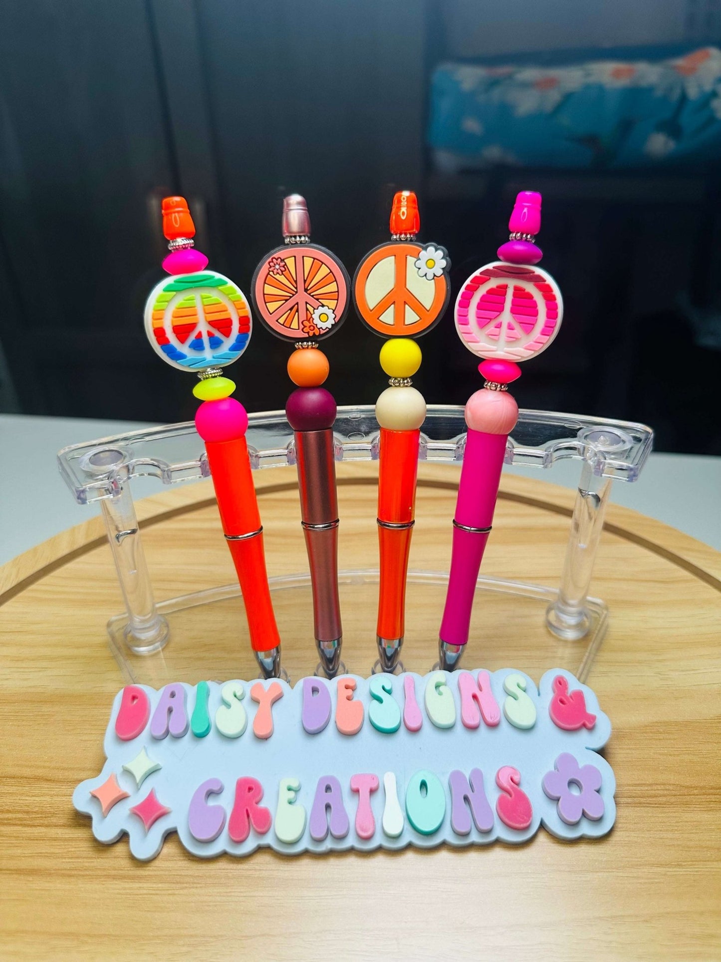 Custom Acrylic Beaded Pens with Peace Sign & Rhinestone Bling - Daisy Designs & Creations, LLC