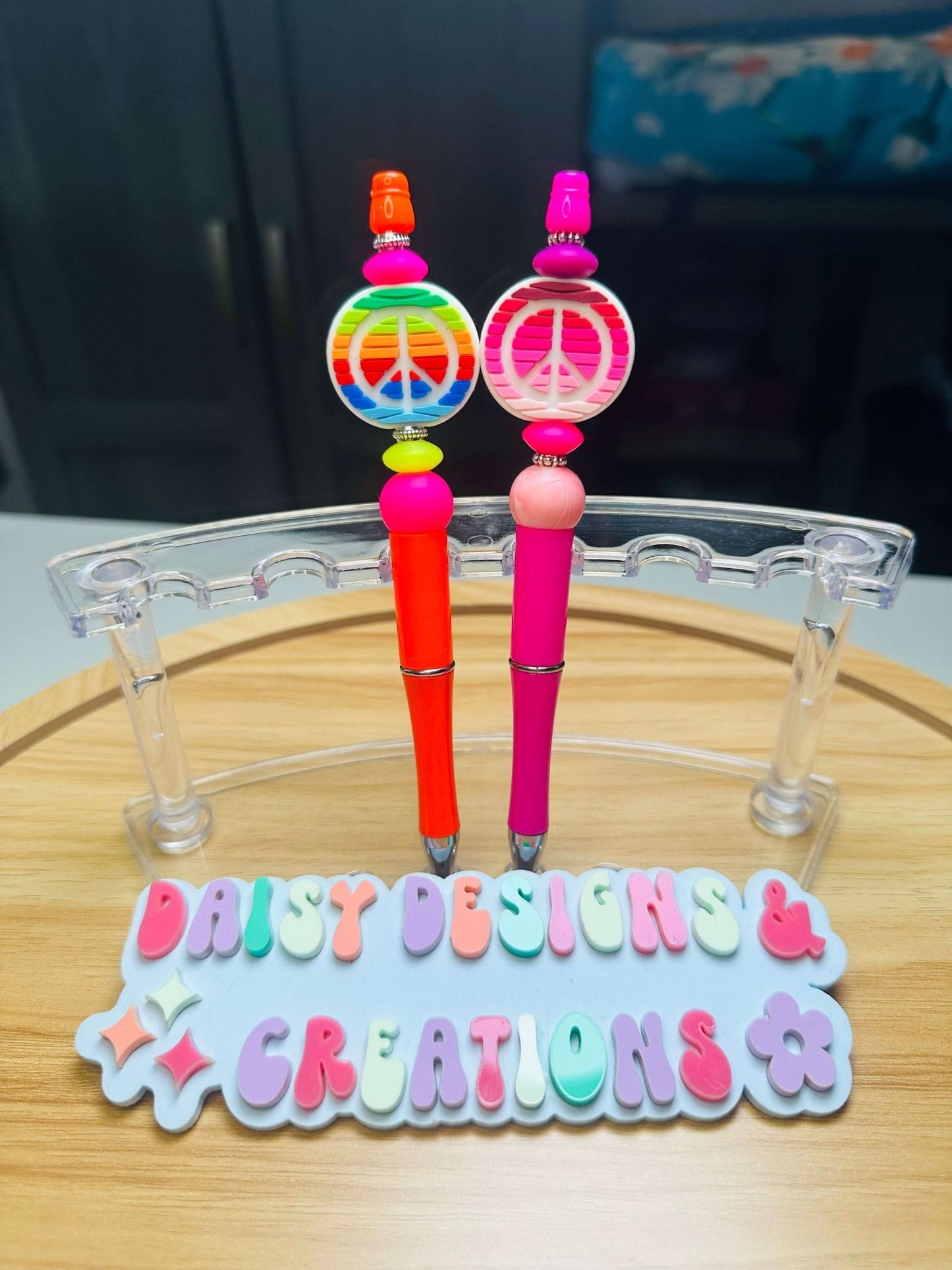 Custom Acrylic Beaded Pens with Peace Sign & Rhinestone Bling - Daisy Designs & Creations, LLC