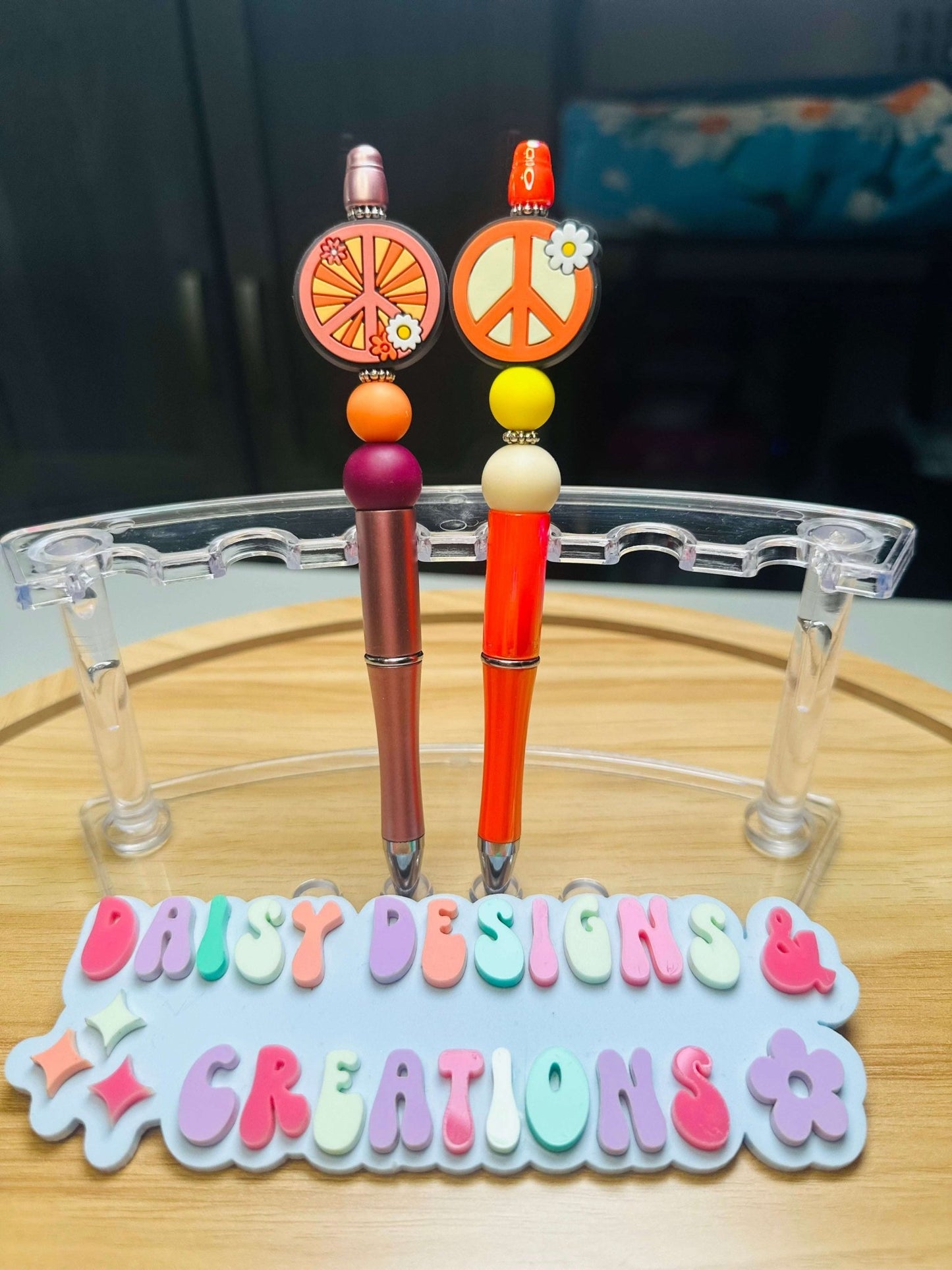 Custom Acrylic Beaded Pens with Peace Sign & Rhinestone Bling - Daisy Designs & Creations, LLC