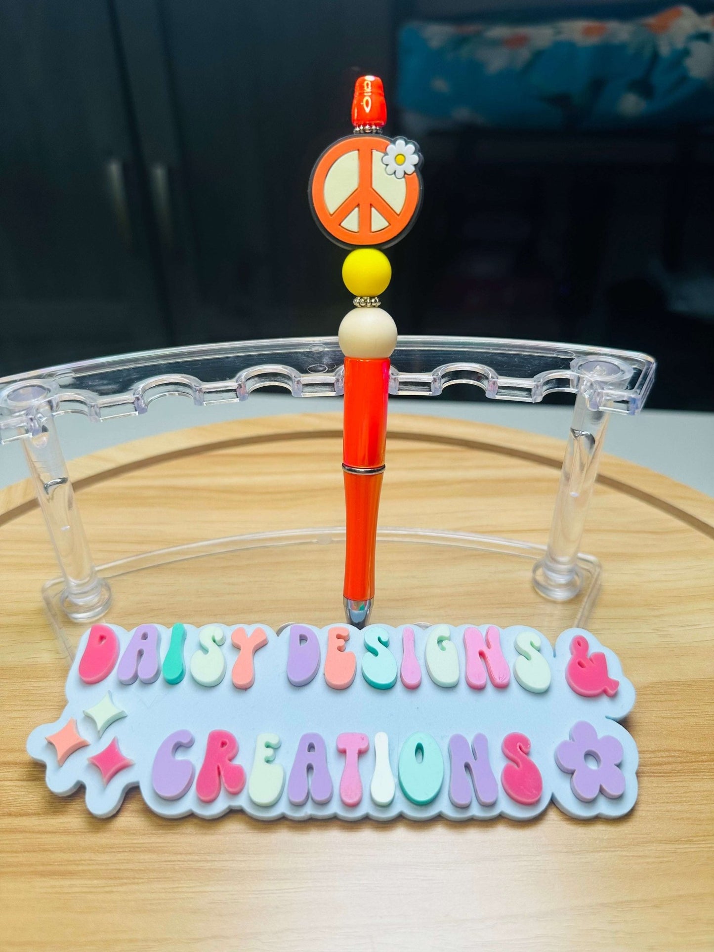 Custom Acrylic Beaded Pens with Peace Sign & Rhinestone Bling - Daisy Designs & Creations, LLC