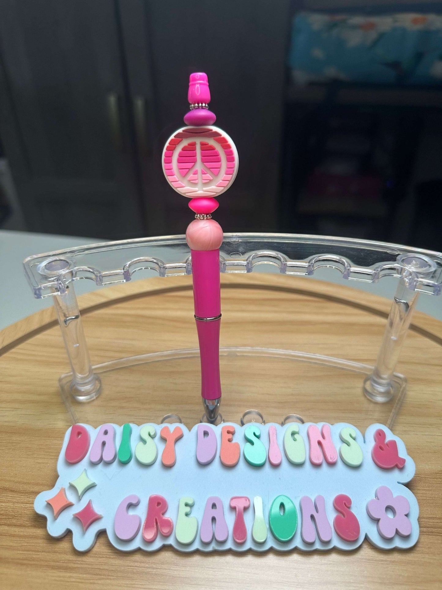 Custom Acrylic Beaded Pens with Peace Sign & Rhinestone Bling - Daisy Designs & Creations, LLC