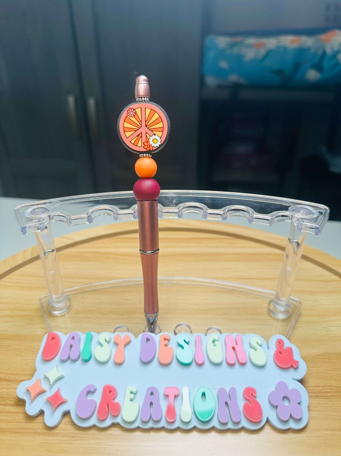 Custom Acrylic Beaded Pens with Peace Sign & Rhinestone Bling - Daisy Designs & Creations, LLC