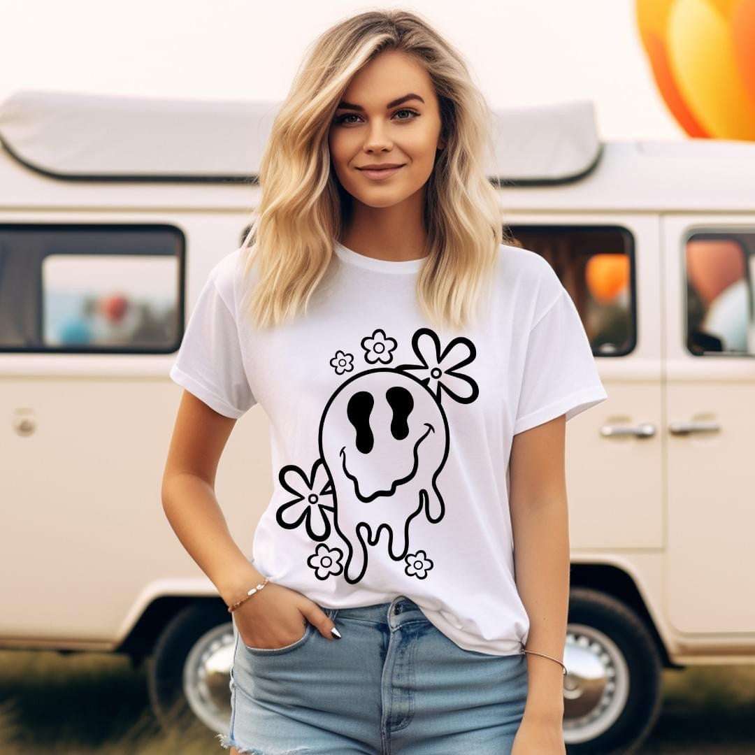 Daisy Smiley Drippy Face Tee | Soft Style, Comfortable, Multiple Sizes & Colors - Daisy Designs & Creations, LLC