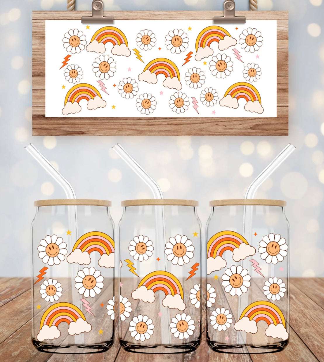 Daisies & Rainbow Clouds 16oz Can Glass – Colorful Libbey Glass Cup with Bamboo Lid & Straw | Whimsical Drinkware - Daisy Designs & Creations, LLC