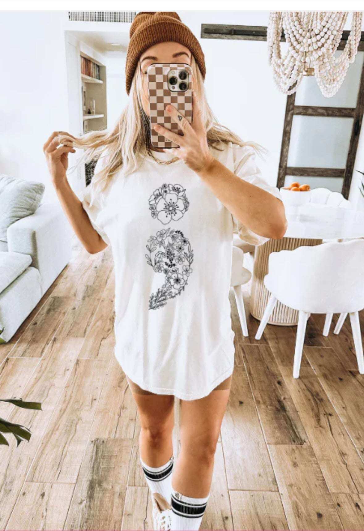 Floral Elegance Semi - Colon T-Shirt – Mental Health Awareness Tee | Suicide Prevention Shirt | Custom Color | Unisex Sizes S - 2XL - Daisy Designs & Creations, LLC