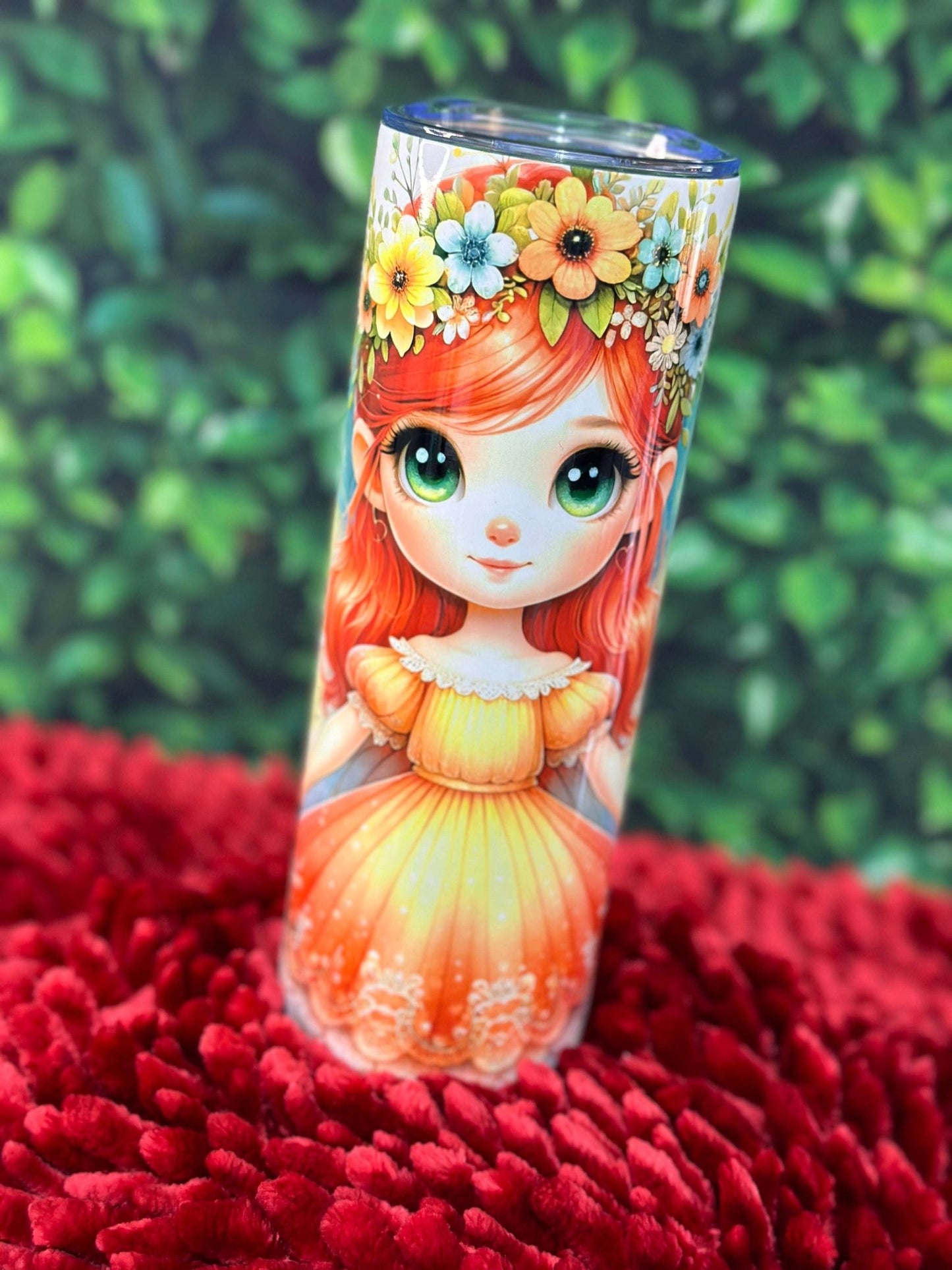 Scarlet Sprite 20oz Stainless Steel Tumbler – Fairy Girl Insulated Drinkware | Whimsical Red Dress & Floral Crown Design - Daisy Designs & Creations, LLC