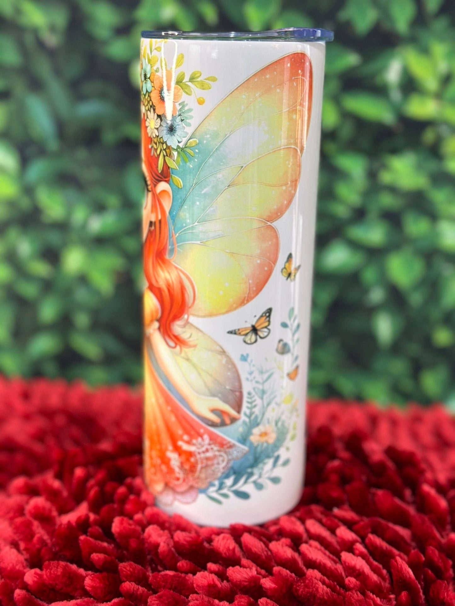 Scarlet Sprite 20oz Stainless Steel Tumbler – Fairy Girl Insulated Drinkware | Whimsical Red Dress & Floral Crown Design - Daisy Designs & Creations, LLC