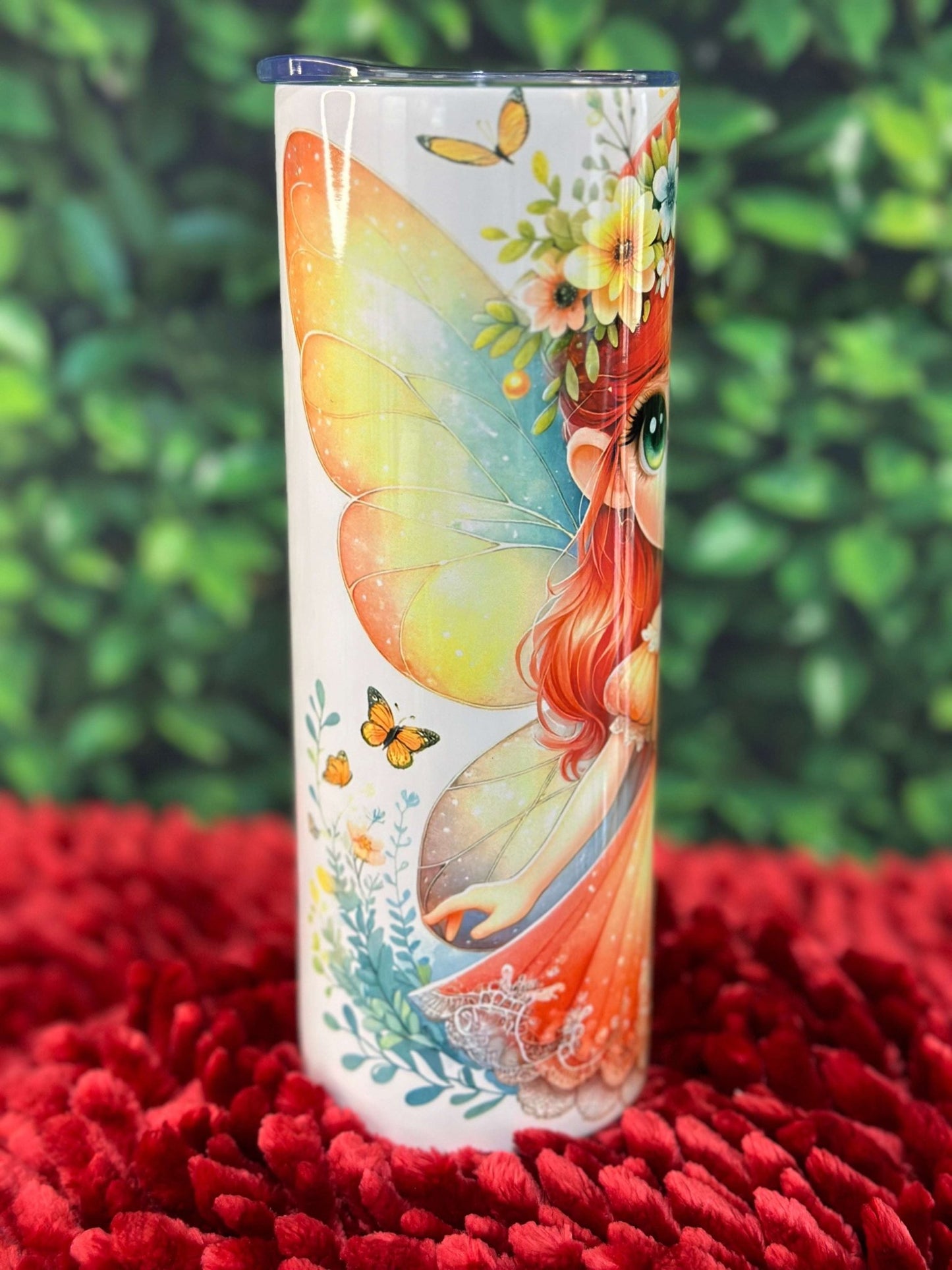 Scarlet Sprite 20oz Stainless Steel Tumbler – Fairy Girl Insulated Drinkware | Whimsical Red Dress & Floral Crown Design - Daisy Designs & Creations, LLC