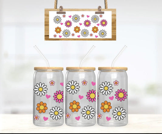16 oz Can Glass – Vibrant White, Pink & Orange Daisy Design - Daisy Designs & Creations, LLC