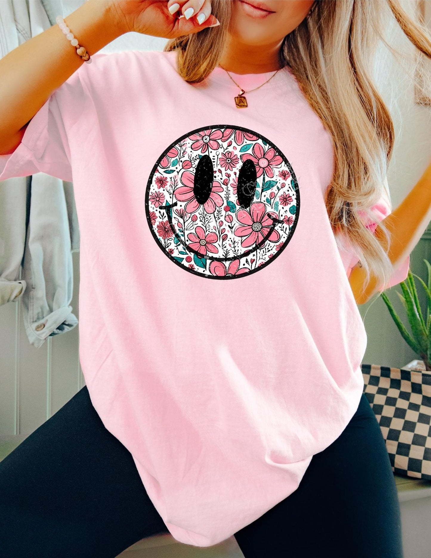 Smiley Face T-Shirt with Pink Daisy Flowers β Fun & Floral - Daisy Designs & Creations, LLC