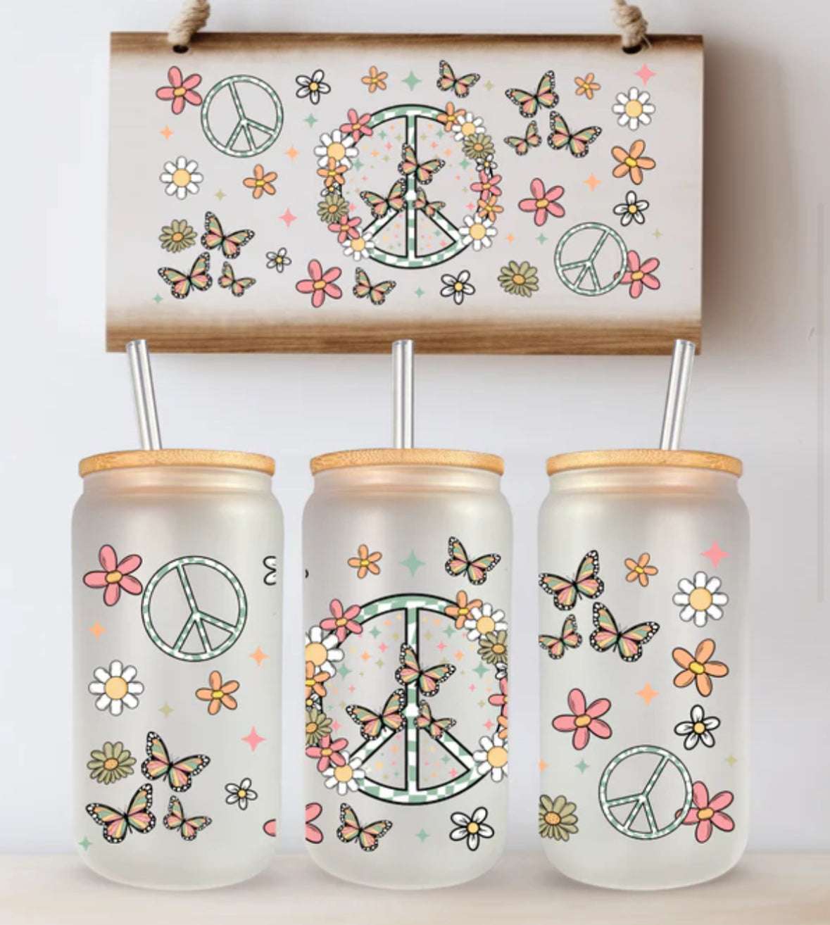 Peace Symbol with Butterflies 16 oz Can Glass – Retro & Tranquil - Daisy Designs & Creations, LLC