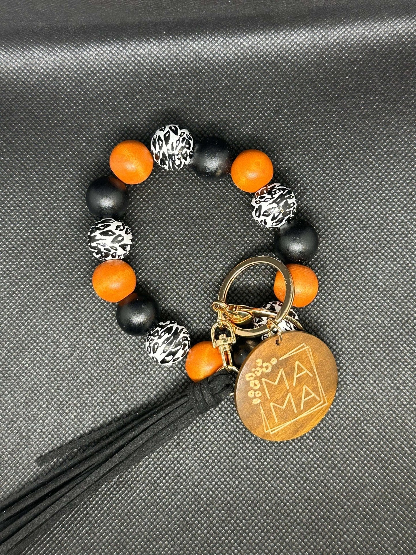 Wood Leopard Beaded Wristlet Key Chain - Daisy Designs & Creations, LLC