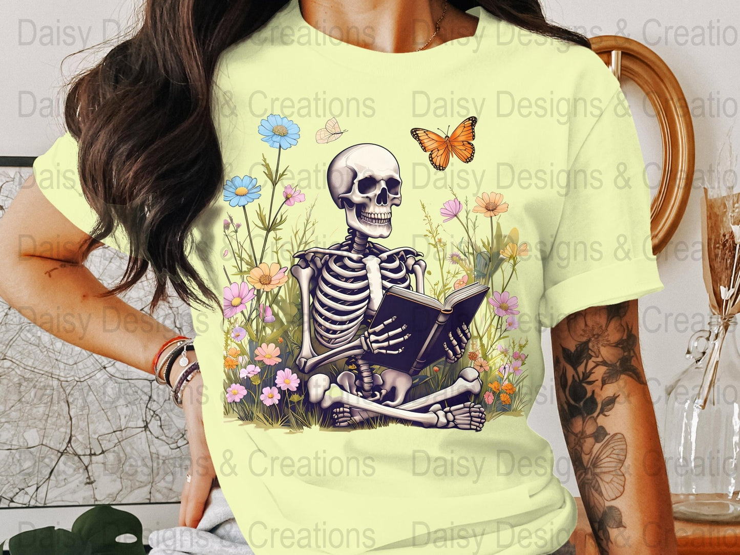Skeleton Reading T-Shirts, Floral T-Shirts Design, Butterfly T-Shirts, Funny T-Shirts, PNG Download, Digital File For Shirts, DIY Apparel - Daisy Designs & Creations, LLC
