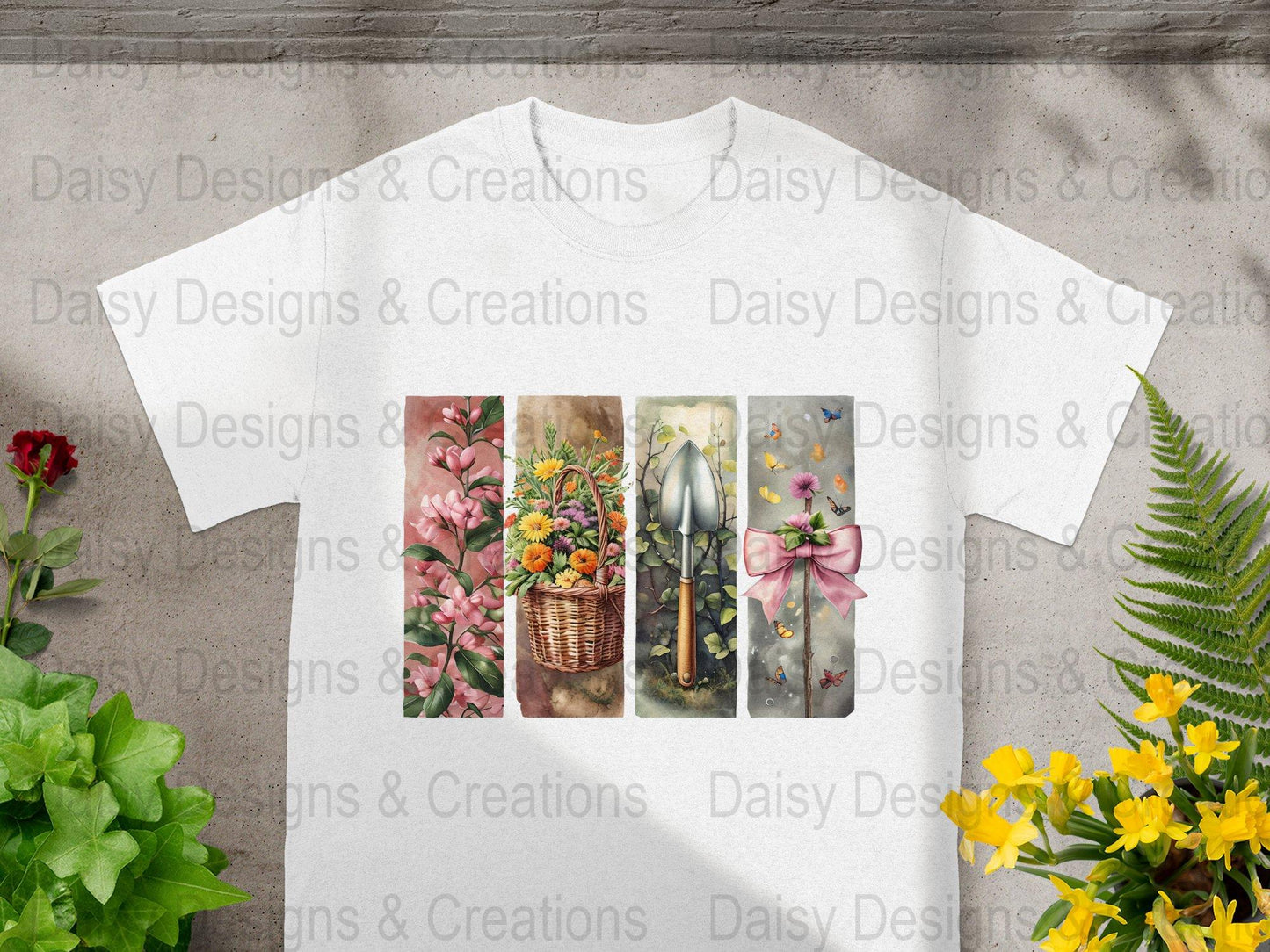 Floral Garden T-Shirts Design, Flower Basket T Shirt, Shovel Art T-Shirt, Butterfly Bow Tee, Gardening Apparel, PNG Digital Download - Daisy Designs & Creations, LLC