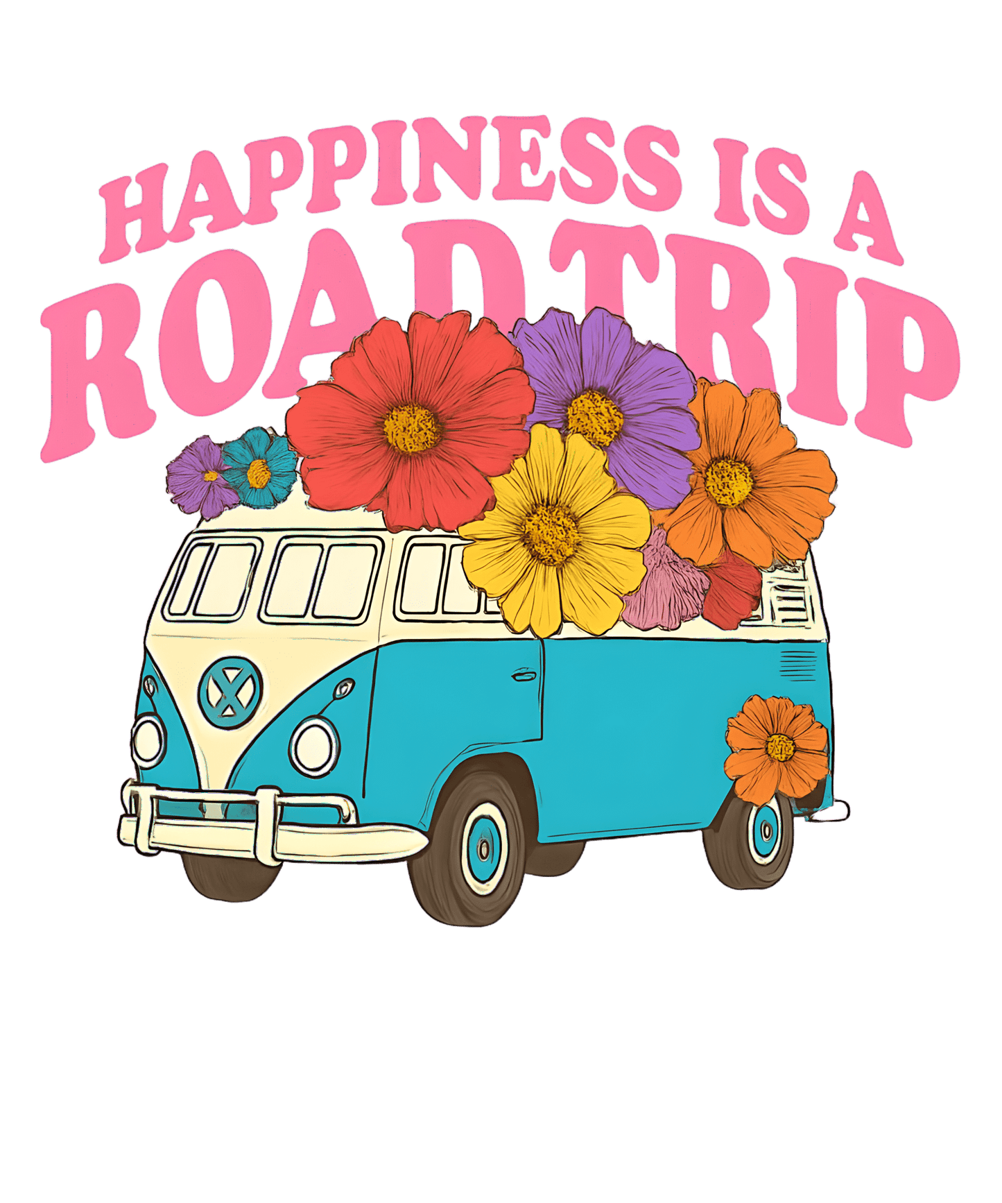 Road Trip T-Shirts, Happiness is a Road Trip Design, VW Bus, Floral Van, Colorful T-Shirts, Summer Trip, Vacation Mode - Daisy Designs & Creations, LLC