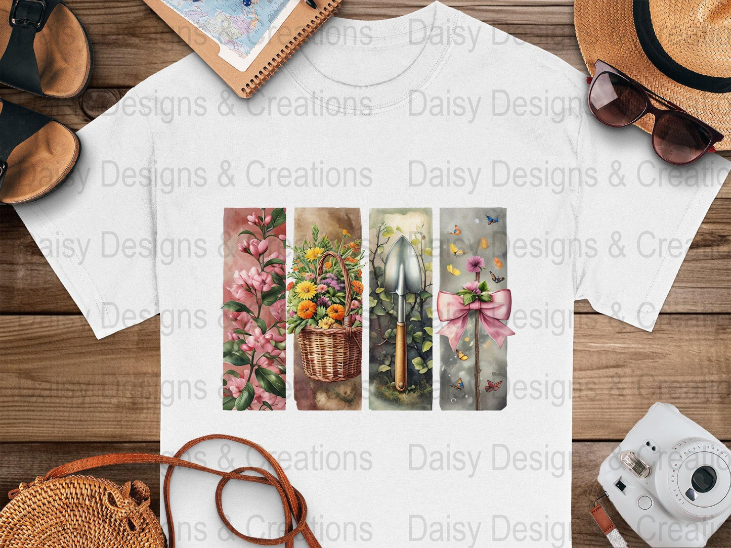Floral Garden T-Shirts Design, Flower Basket T Shirt, Shovel Art T-Shirt, Butterfly Bow Tee, Gardening Apparel, PNG Digital Download - Daisy Designs & Creations, LLC
