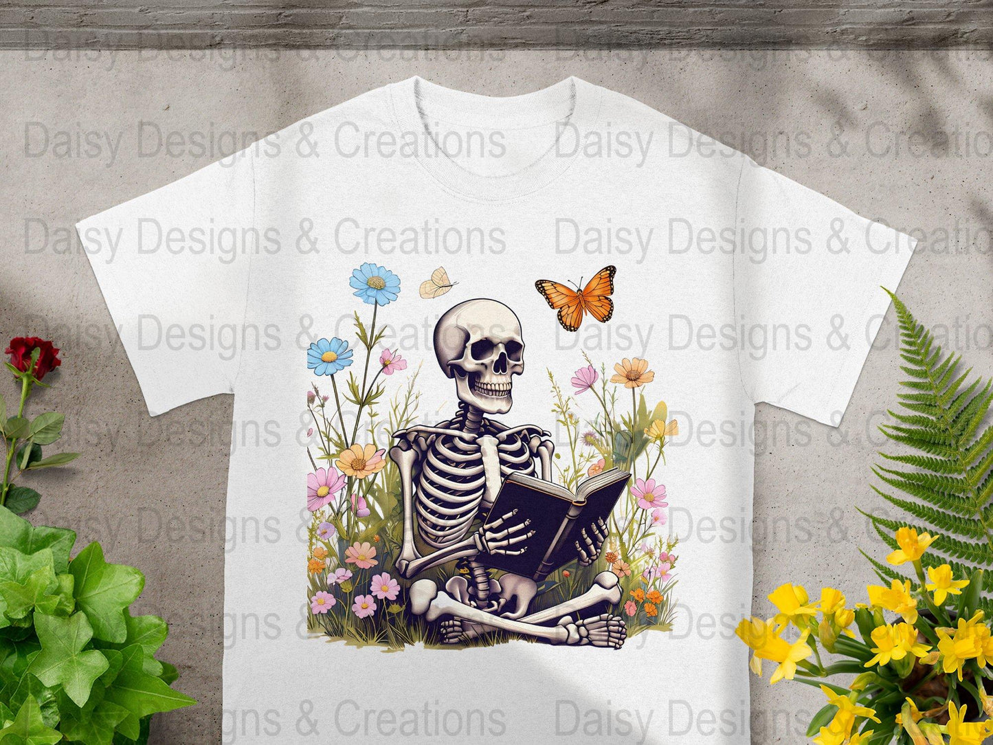 Skeleton Reading T-Shirts, Floral T-Shirts Design, Butterfly T-Shirts, Funny T-Shirts, PNG Download, Digital File For Shirts, DIY Apparel - Daisy Designs & Creations, LLC