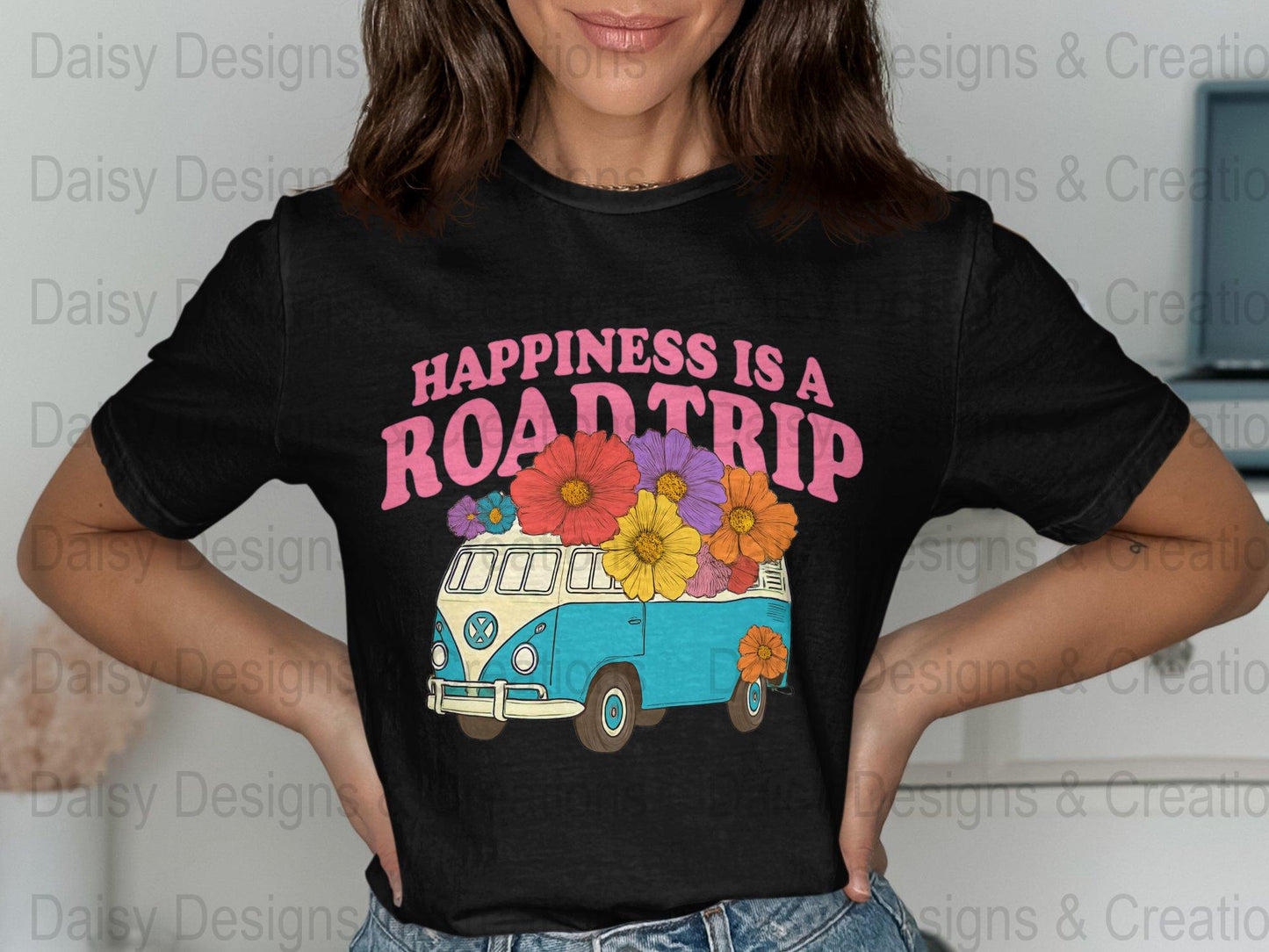 Road Trip T-Shirts, Happiness is a Road Trip Design, VW Bus, Floral Van, Colorful T-Shirts, Summer Trip, Vacation Mode - Daisy Designs & Creations, LLC
