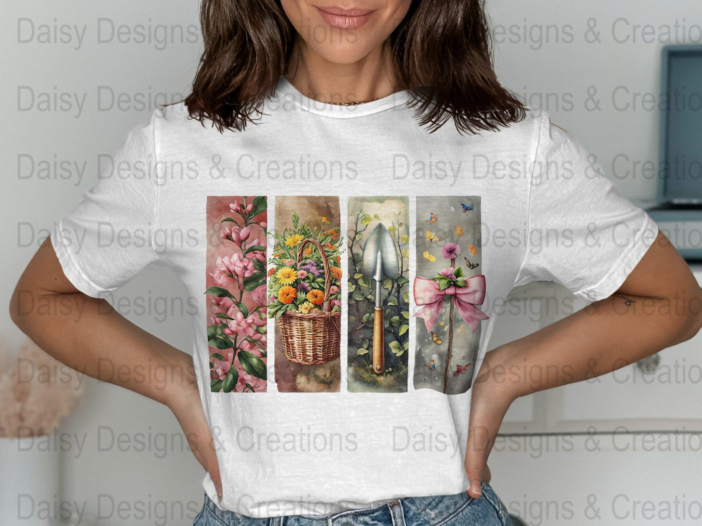Floral Garden T-Shirts Design, Flower Basket T Shirt, Shovel Art T-Shirt, Butterfly Bow Tee, Gardening Apparel, PNG Digital Download - Daisy Designs & Creations, LLC