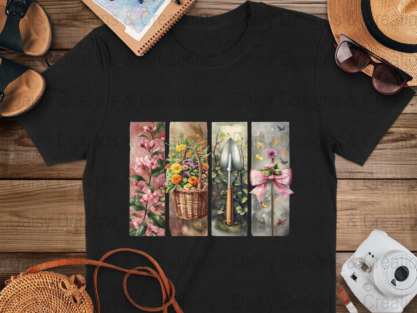 Floral Garden T-Shirts Design, Flower Basket T Shirt, Shovel Art T-Shirt, Butterfly Bow Tee, Gardening Apparel, PNG Digital Download - Daisy Designs & Creations, LLC