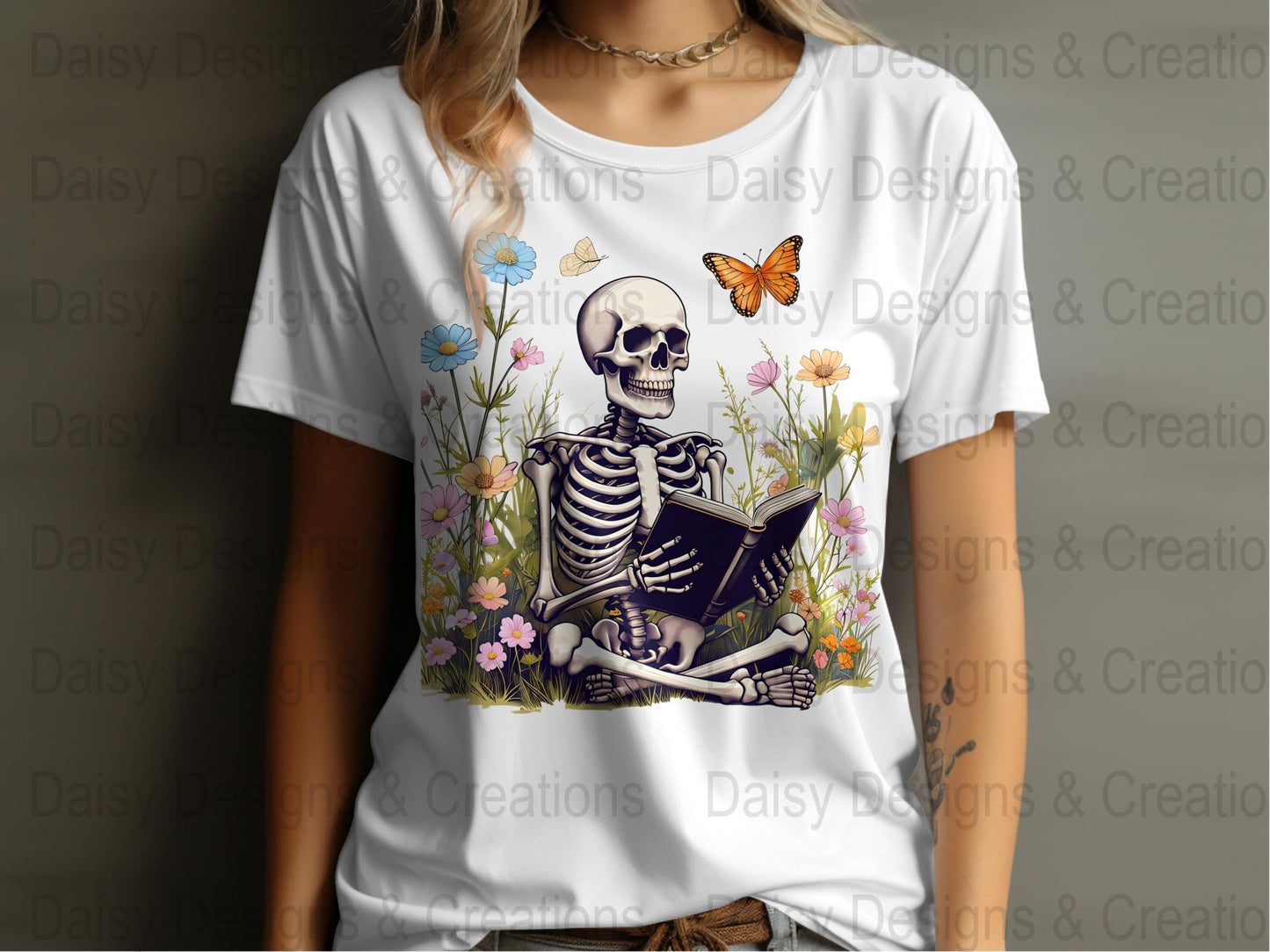 Skeleton Reading T-Shirts, Floral T-Shirts Design, Butterfly T-Shirts, Funny T-Shirts, PNG Download, Digital File For Shirts, DIY Apparel - Daisy Designs & Creations, LLC