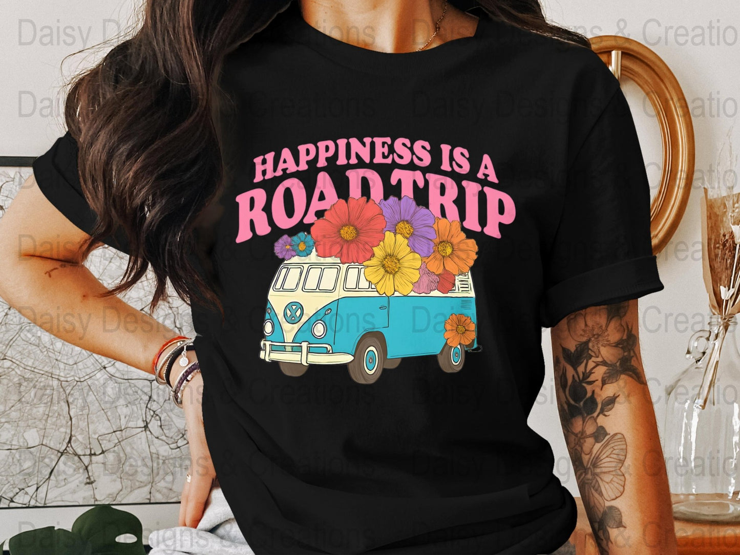 Road Trip T-Shirts, Happiness is a Road Trip Design, VW Bus, Floral Van, Colorful T-Shirts, Summer Trip, Vacation Mode - Daisy Designs & Creations, LLC