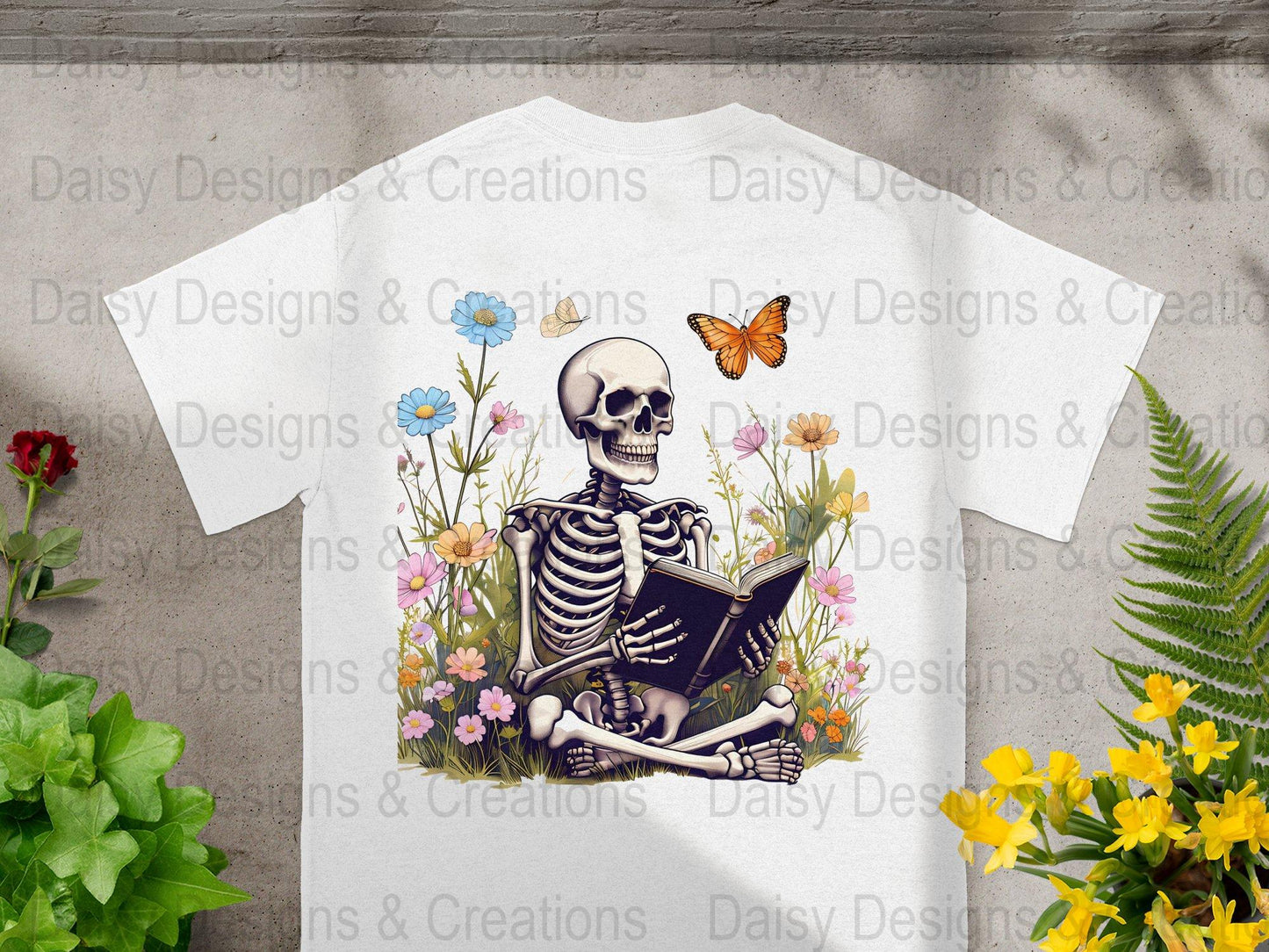 Skeleton Reading T-Shirts, Floral T-Shirts Design, Butterfly T-Shirts, Funny T-Shirts, PNG Download, Digital File For Shirts, DIY Apparel - Daisy Designs & Creations, LLC